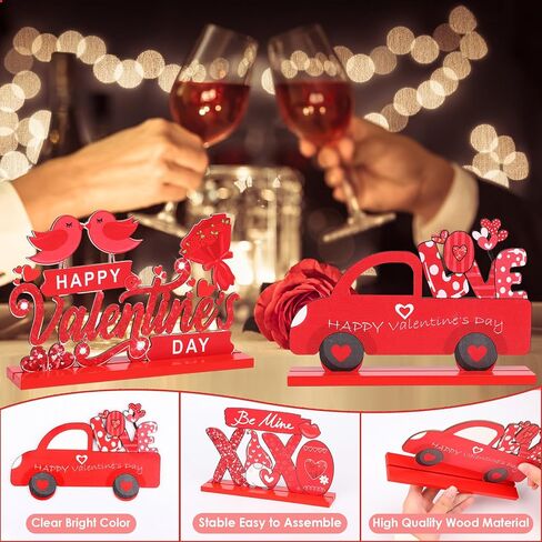 Qinzave 3PC Valentine's Day Table Sign Decoration, Happy Valentine's Day Love Be Mine Wood Table Decorations, Valentine Wooden Tabletop Centerpieces Sign Home Wedding Table Desk Party Décor in Kuwait