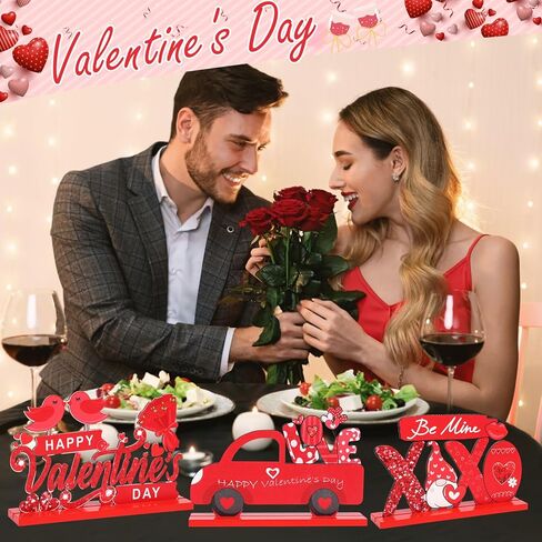 Qinzave 3PC Valentine's Day Table Sign Decoration, Happy Valentine's Day Love Be Mine Wood Table Decorations, Valentine Wooden Tabletop Centerpieces Sign Home Wedding Table Desk Party Décor in Kuwait