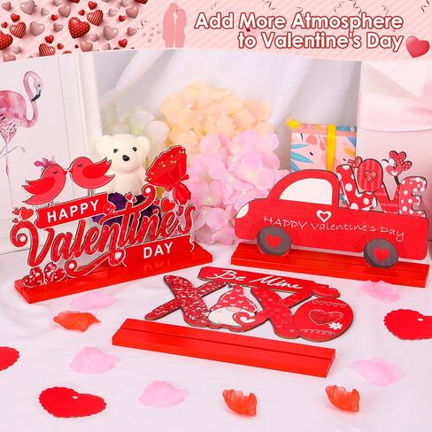 Qinzave 3PC Valentine's Day Table Sign Decoration, Happy Valentine's Day Love Be Mine Wood Table Decorations, Valentine Wooden Tabletop Centerpieces Sign Home Wedding Table Desk Party Décor in Kuwait