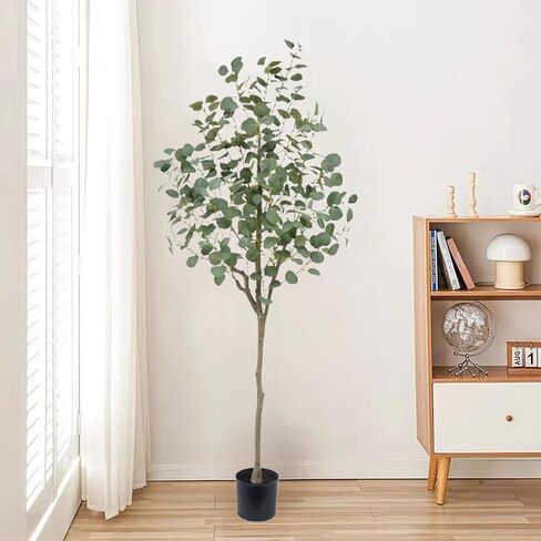 tdiaol شجرة الأوكالبتوس الاصطناعية 6ft، 72in طويل القامة نبات الأوكالبتوس وهمية في وعاء، الأخضر الفضة دولار الحرير يترك شجرة فو للمنزل مكتب ديكور غرفة المعيشة in Kuwait