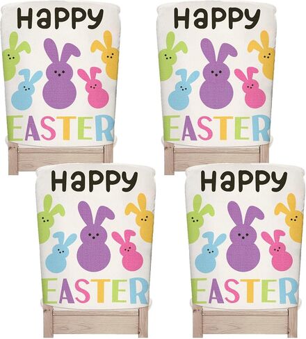 Whaline 4Pcs Happy Easter Chair Covers Cute Cartoon Bunny Pattern Seat Cover Washable Colorful Rabbit Dinning Chair Slipcovers Protector for Spring Holiday Home Kitchen Decor in Saudi Arabia