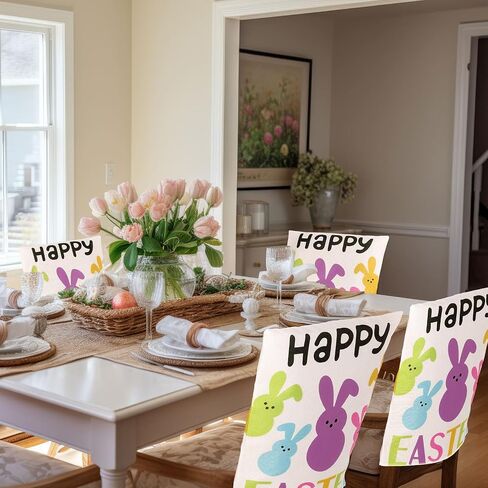 Whaline 4Pcs Happy Easter Chair Covers Cute Cartoon Bunny Pattern Seat Cover Washable Colorful Rabbit Dinning Chair Slipcovers Protector for Spring Holiday Home Kitchen Decor in Saudi Arabia