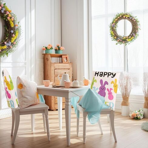 Whaline 4Pcs Happy Easter Chair Covers Cute Cartoon Bunny Pattern Seat Cover Washable Colorful Rabbit Dinning Chair Slipcovers Protector for Spring Holiday Home Kitchen Decor in Saudi Arabia