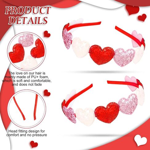 شريط راس لعيد الحب، 3 قطع شريط راس على شكل قلب للبنات، شريط راس لامع لطيف للاطفال الصغار، شريط راس ملون على شكل قلب احمر، اكسسوارات شعر للبنات والاطفال والنساء، لوازم العطلات in Saudi Arabia