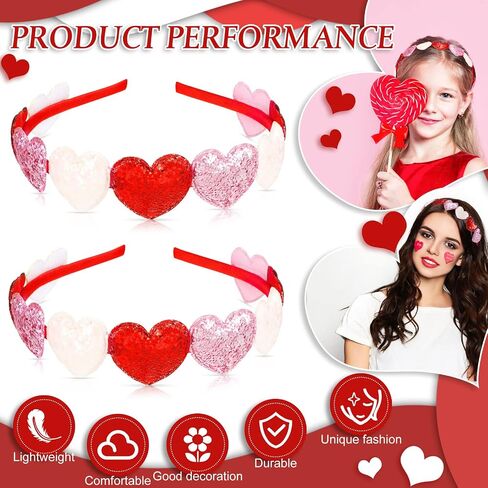 شريط راس لعيد الحب، 3 قطع شريط راس على شكل قلب للبنات، شريط راس لامع لطيف للاطفال الصغار، شريط راس ملون على شكل قلب احمر، اكسسوارات شعر للبنات والاطفال والنساء، لوازم العطلات in Saudi Arabia