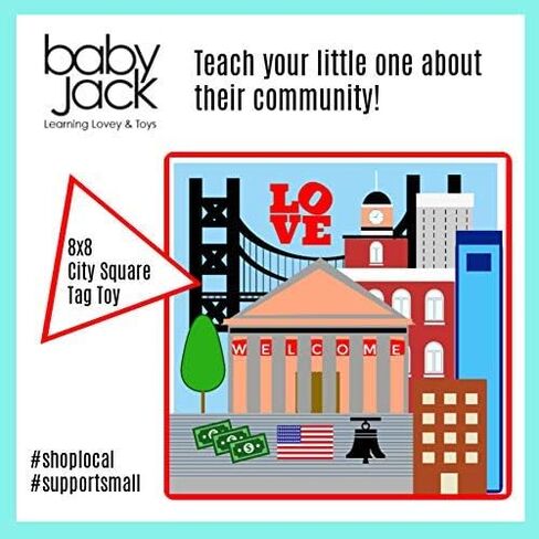 Baby Jack & Co 8x8" Learning Lovey Philadelphia Pennsylvania Tag Toys for Babies - Baby Crinkle Toys - Soft & Safe - Learn USA Cities and Shapes - Ideal Baby Toy & Gift BPA Free w/ Stroller Clip in Kuwait