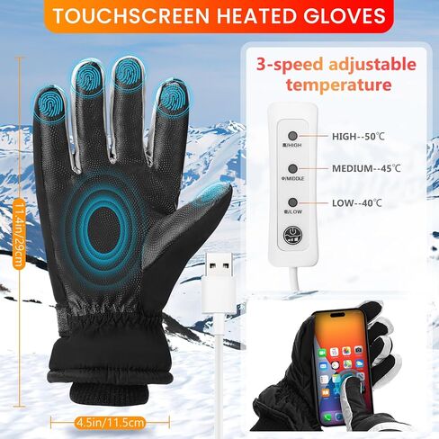 USB Heated Gloves for Men Women, Electric Heated Gloves Ski Gloves Motorcycle Gloves Hand Warmer Temperature Adjustable Windproof Waterproof Laptop Gloves for Camping Fishing Hiking (XL-Black) in Kuwait