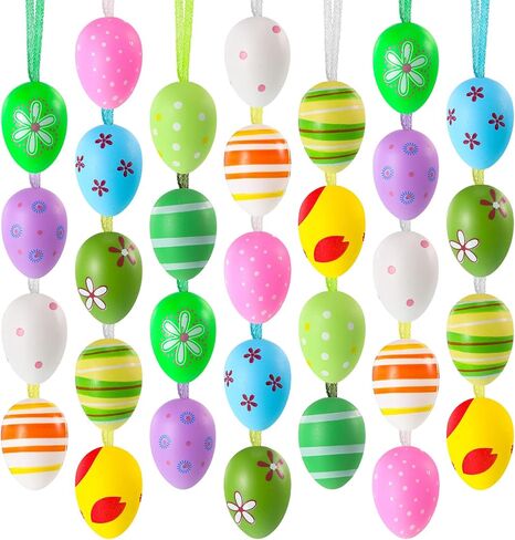 36 Pieces Easter Eggs Hanging Ornaments Colorful Easter Eggs Plastic Hanging Mini Tree Ornaments for Crafts Easter Decorations Hand Painted Decorative Hanging Ornaments with Various Style Stripes Dots in Saudi Arabia