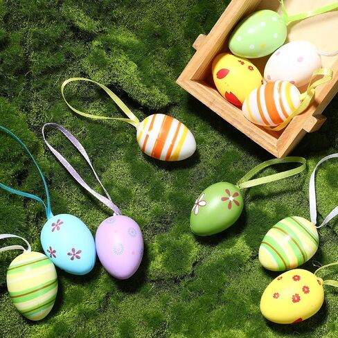 36 Pieces Easter Eggs Hanging Ornaments Colorful Easter Eggs Plastic Hanging Mini Tree Ornaments for Crafts Easter Decorations Hand Painted Decorative Hanging Ornaments with Various Style Stripes Dots in Saudi Arabia