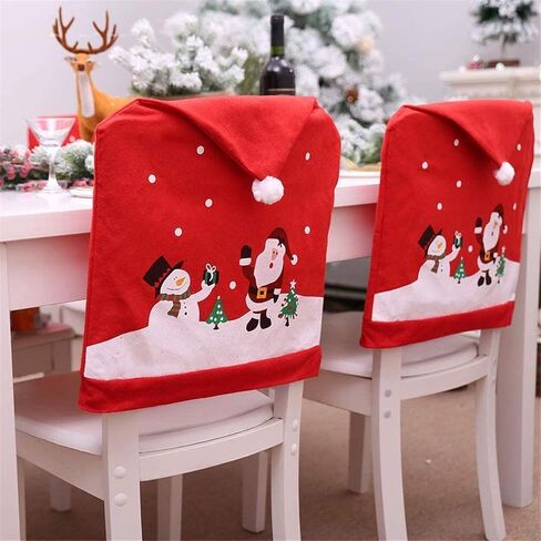 4Pcs Christmas Chair Cover Santa Hat Dining Chair Slipcovers Xmas Chair Back Covers Red Santa Clause and Snowman Chair Covers for Dining Room Holiday Festival in Kuwait