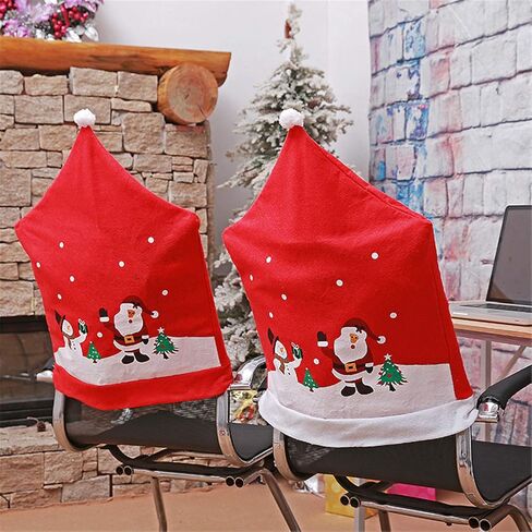 4Pcs Christmas Chair Cover Santa Hat Dining Chair Slipcovers Xmas Chair Back Covers Red Santa Clause and Snowman Chair Covers for Dining Room Holiday Festival in Kuwait