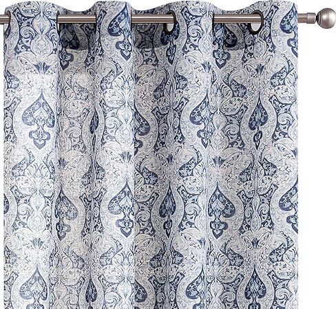 jinchan Curtains for Bedroom, Light Filtering 96 Inch Length 2 Panels Set, Baroque Style Linen Blend Drapes Living Room, Vintage Damask Window Treatments, Grommet Top Blue on Flax, W52 X L96 in Kuwait