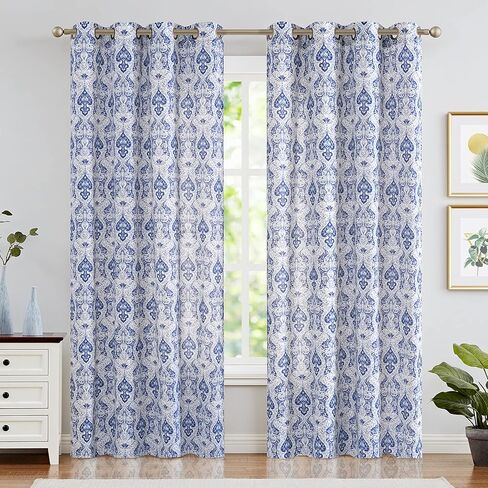 jinchan Curtains for Bedroom, Light Filtering 96 Inch Length 2 Panels Set, Baroque Style Linen Blend Drapes Living Room, Vintage Damask Window Treatments, Grommet Top Blue on Flax, W52 X L96 in Kuwait