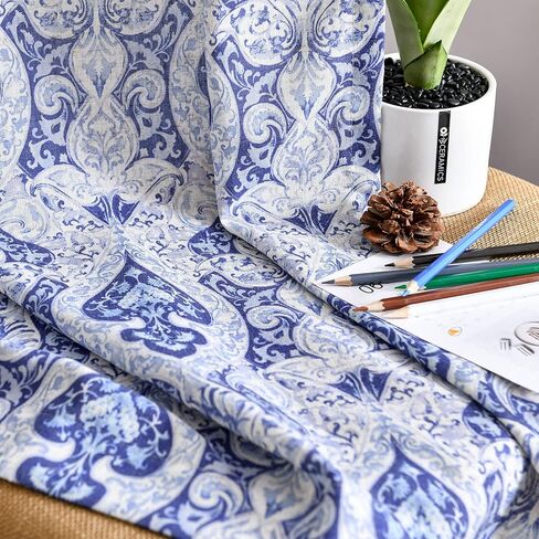 jinchan Curtains for Bedroom, Light Filtering 96 Inch Length 2 Panels Set, Baroque Style Linen Blend Drapes Living Room, Vintage Damask Window Treatments, Grommet Top Blue on Flax, W52 X L96 in Kuwait