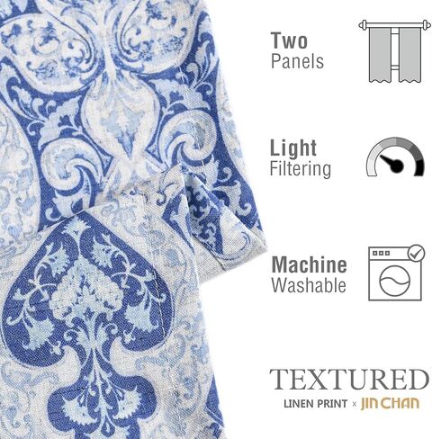 jinchan Curtains for Bedroom, Light Filtering 96 Inch Length 2 Panels Set, Baroque Style Linen Blend Drapes Living Room, Vintage Damask Window Treatments, Grommet Top Blue on Flax, W52 X L96 in Kuwait