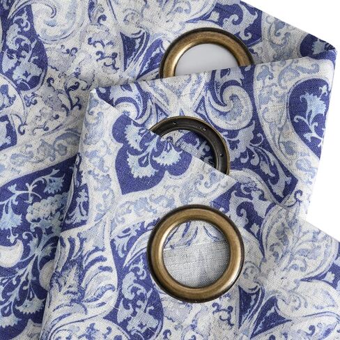 jinchan Curtains for Bedroom, Light Filtering 96 Inch Length 2 Panels Set, Baroque Style Linen Blend Drapes Living Room, Vintage Damask Window Treatments, Grommet Top Blue on Flax, W52 X L96 in Kuwait