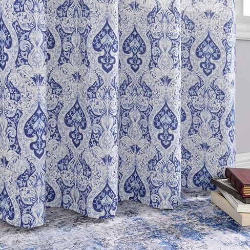 jinchan Curtains for Bedroom, Light Filtering 96 Inch Length 2 Panels Set, Baroque Style Linen Blend Drapes Living Room, Vintage Damask Window Treatments, Grommet Top Blue on Flax, W52 X L96 in Kuwait