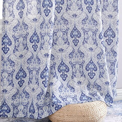 jinchan Curtains for Bedroom, Light Filtering 96 Inch Length 2 Panels Set, Baroque Style Linen Blend Drapes Living Room, Vintage Damask Window Treatments, Grommet Top Blue on Flax, W52 X L96 in Kuwait
