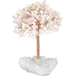 SUNYIK Handmade Aquamarine Money Tree Set on Rock Quartz Cluster Base, Wire Wrapped Tree of Life Polished Chip Stones Tree Decor Statue Home Office Window in Kuwait