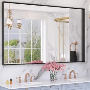 مرآة حمام مستطيلة بإطار ذهبي مقاس 40 بوصة × 30 بوصة من Benime، مرآة غرور مستطيلة للحمام مثبتة على الحائط ومرآة حمام زاوية مربعة (أفقي/عمودي) in Kuwait