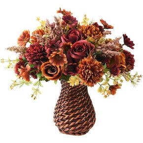 INQCMY Artificial Flowers with Vase,Silk Flower Arrangements,Artificial Rose Bouquets in Handmade Rattan Vase for Home Office Table Kitchen Desktop Dinning Room Decoration (Brown)