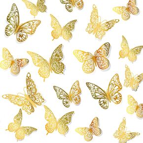 AbluFirst 3D 48PCS 3 حجم ملصقات جدار الفراشة، ديكور جدار الفراشة، ديكورات الفراشة لغرفة جدارية الشارات حزب كعكة الزفاف عيد ميلاد ديكور الفصول الدراسية غرفة نوم الطفل غرفة المعيشة (الذهب) in Kuwait