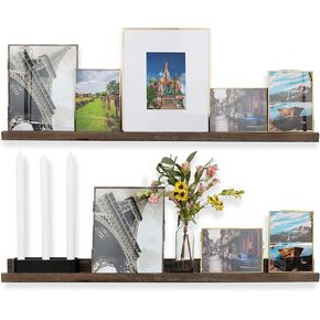 Rustic State Ted Wall Mount Narrow Wood Picture Ledge Shelf Photo Frame Display - 36 Inch Floating Shelves for Living Room Office Kitchen Bedroom Bathroom Décor - Torched Brown - Set of 2 in Kuwait