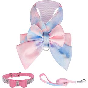 الوردي لطيف القوس التعادل الكلب تسخير المقود ومجموعة Bowknot طوق، لا سحب التدرج قوس قزح الكلب تسخير وبريق الماس سلسلة طوق، تنفس شبكة الحيوانات الأليفة سترة يسخر للكلاب القطط