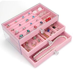 صندوق منظم مجوهرات أكريليك من توكين، صندوق منظم لتخزين مستحضرات التجميل، علبة مجوهرات شفافة مع 3 أدراج، صندوق مجوهرات قابل للتعديل، صواني مخملية بحجم شبكي (وردي) in Kuwait