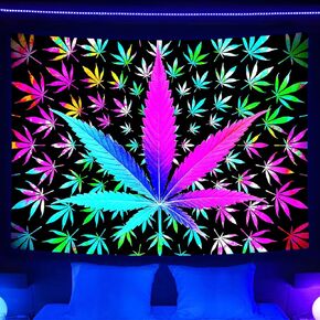 VEIGIKE Cool Trippy Weed Blacklight Tapestry UV Reactive, Neon Tie Dye Marijuana Leaf Cannabis Black Light Art Poster for Men Room Bedroom, Psychedelic Glow In The Dark Blanket Party Decor (60X40) in Kuwait