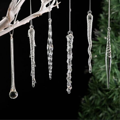 Christmas Glass Handmade Icicles Ornaments Set of 36 Pieces 5.9" /15 cm Mouth Blown Tree Decorations Hanging Assorted Xmas Festival Holiday Wedding Party Home Garden Pack Piece of 36 in Kuwait