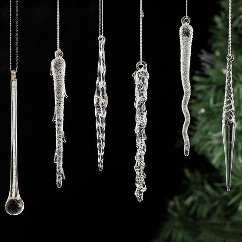 Christmas Glass Handmade Icicles Ornaments Set of 36 Pieces 5.9" /15 cm Mouth Blown Tree Decorations Hanging Assorted Xmas Festival Holiday Wedding Party Home Garden Pack Piece of 36 in Kuwait