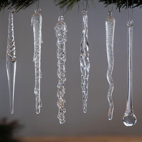 Christmas Glass Handmade Icicles Ornaments Set of 36 Pieces 5.9" /15 cm Mouth Blown Tree Decorations Hanging Assorted Xmas Festival Holiday Wedding Party Home Garden Pack Piece of 36 in Kuwait