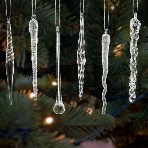 Christmas Glass Handmade Icicles Ornaments Set of 36 Pieces 5.9" /15 cm Mouth Blown Tree Decorations Hanging Assorted Xmas Festival Holiday Wedding Party Home Garden Pack Piece of 36 in Kuwait