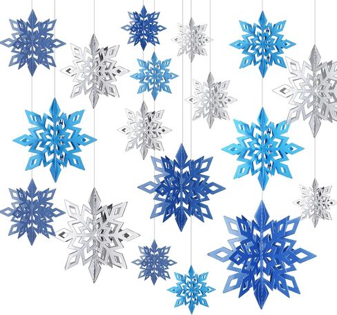 3D Hollow Christmas Winter Hanging Snowflakes Ornaments Decorations Glittery Large Snowflake Pendant Garlands for Winter Wonderland Party Home Decoration (Silver, White, Laser Color,18 Pieces) in Saudi Arabia