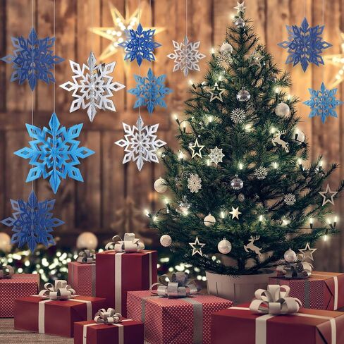 3D Hollow Christmas Winter Hanging Snowflakes Ornaments Decorations Glittery Large Snowflake Pendant Garlands for Winter Wonderland Party Home Decoration (Silver, White, Laser Color,18 Pieces) in Saudi Arabia