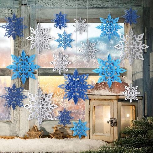 3D Hollow Christmas Winter Hanging Snowflakes Ornaments Decorations Glittery Large Snowflake Pendant Garlands for Winter Wonderland Party Home Decoration (Silver, White, Laser Color,18 Pieces) in Saudi Arabia