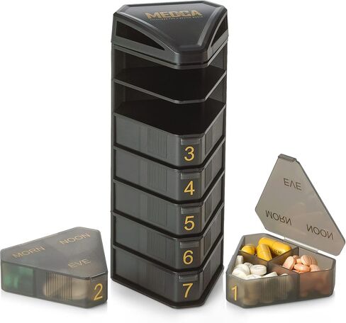 MEDCA Moisture Proof Weekly Stackable Pill Organizer - BPA Free, Weekly Pill Box Case with 3 Daily Compartments - Black Pill Box to Store Pills, Vitamins, Supplements in Saudi Arabia