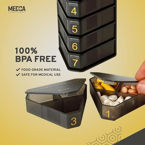 MEDCA Moisture Proof Weekly Stackable Pill Organizer - BPA Free, Weekly Pill Box Case with 3 Daily Compartments - Black Pill Box to Store Pills, Vitamins, Supplements in Saudi Arabia