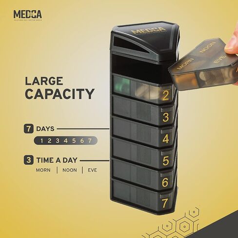 MEDCA Moisture Proof Weekly Stackable Pill Organizer - BPA Free, Weekly Pill Box Case with 3 Daily Compartments - Black Pill Box to Store Pills, Vitamins, Supplements in Saudi Arabia