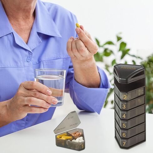 MEDCA Moisture Proof Weekly Stackable Pill Organizer - BPA Free, Weekly Pill Box Case with 3 Daily Compartments - Black Pill Box to Store Pills, Vitamins, Supplements in Saudi Arabia