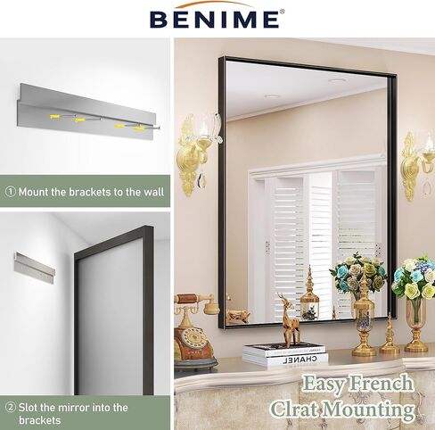 مرآة حمام مستطيلة بإطار ذهبي مقاس 40 بوصة × 30 بوصة من Benime، مرآة غرور مستطيلة للحمام مثبتة على الحائط ومرآة حمام زاوية مربعة (أفقي/عمودي) in Kuwait