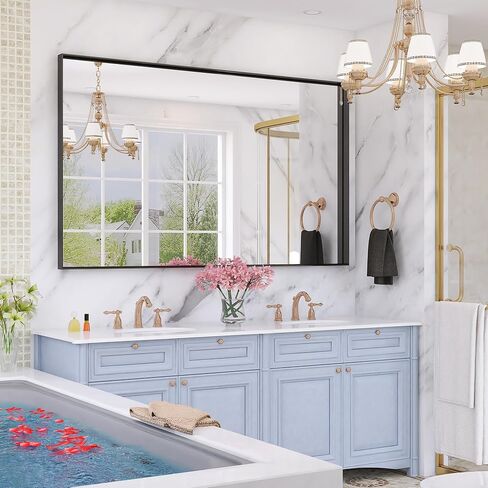 مرآة حمام مستطيلة بإطار ذهبي مقاس 40 بوصة × 30 بوصة من Benime، مرآة غرور مستطيلة للحمام مثبتة على الحائط ومرآة حمام زاوية مربعة (أفقي/عمودي) in Kuwait