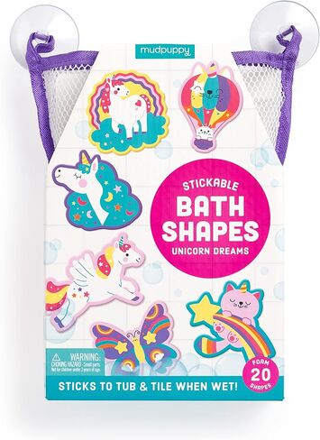 Mudpuppy Unicorn Dreams - 20 شكل إسفنجي سحري قابل للالتصاق للترفيه أثناء الاستحمام مع حقيبة تخزين شبكية للأطفال الصغار والرضع من عمر سنتين فما فوق in Kuwait