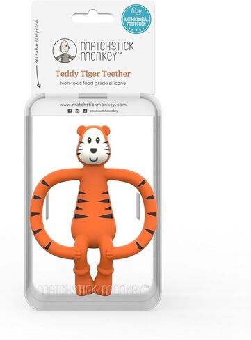 Matchstick Monkey Animal Silicone Teether for Baby 3 Months+, Easy to Hold & Naturally Fits in Mouth, BPA Free Food Grade w/BioCote Protection, Stimulates & Massages Sore Gums, Teddy Tiger in Kuwait