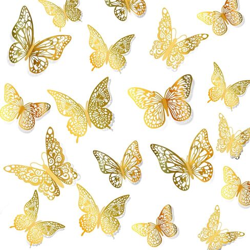 AbluFirst 3D 48PCS 3 حجم ملصقات جدار الفراشة، ديكور جدار الفراشة، ديكورات الفراشة لغرفة جدارية الشارات حزب كعكة الزفاف عيد ميلاد ديكور الفصول الدراسية غرفة نوم الطفل غرفة المعيشة (الذهب) in Kuwait