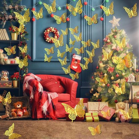 AbluFirst 3D 48PCS 3 حجم ملصقات جدار الفراشة، ديكور جدار الفراشة، ديكورات الفراشة لغرفة جدارية الشارات حزب كعكة الزفاف عيد ميلاد ديكور الفصول الدراسية غرفة نوم الطفل غرفة المعيشة (الذهب) in Kuwait