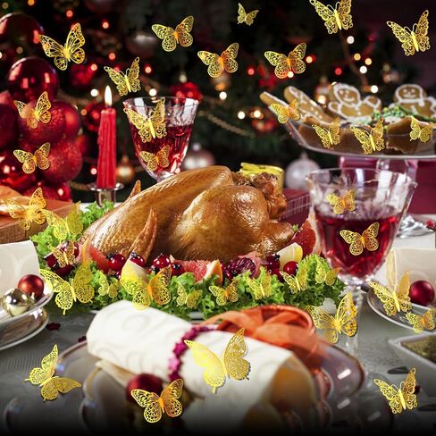 AbluFirst 3D 48PCS 3 حجم ملصقات جدار الفراشة، ديكور جدار الفراشة، ديكورات الفراشة لغرفة جدارية الشارات حزب كعكة الزفاف عيد ميلاد ديكور الفصول الدراسية غرفة نوم الطفل غرفة المعيشة (الذهب) in Kuwait