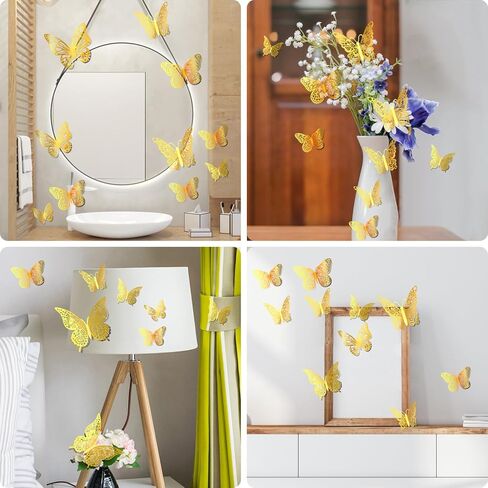 AbluFirst 3D 48PCS 3 حجم ملصقات جدار الفراشة، ديكور جدار الفراشة، ديكورات الفراشة لغرفة جدارية الشارات حزب كعكة الزفاف عيد ميلاد ديكور الفصول الدراسية غرفة نوم الطفل غرفة المعيشة (الذهب) in Kuwait