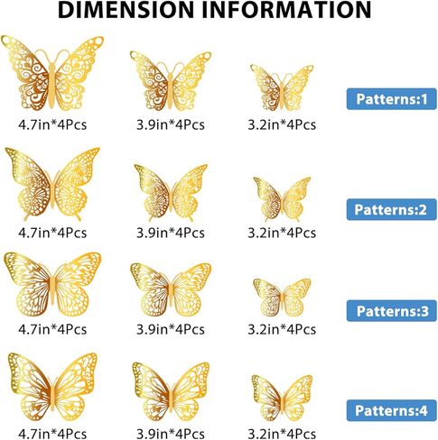 AbluFirst 3D 48PCS 3 حجم ملصقات جدار الفراشة، ديكور جدار الفراشة، ديكورات الفراشة لغرفة جدارية الشارات حزب كعكة الزفاف عيد ميلاد ديكور الفصول الدراسية غرفة نوم الطفل غرفة المعيشة (الذهب) in Kuwait